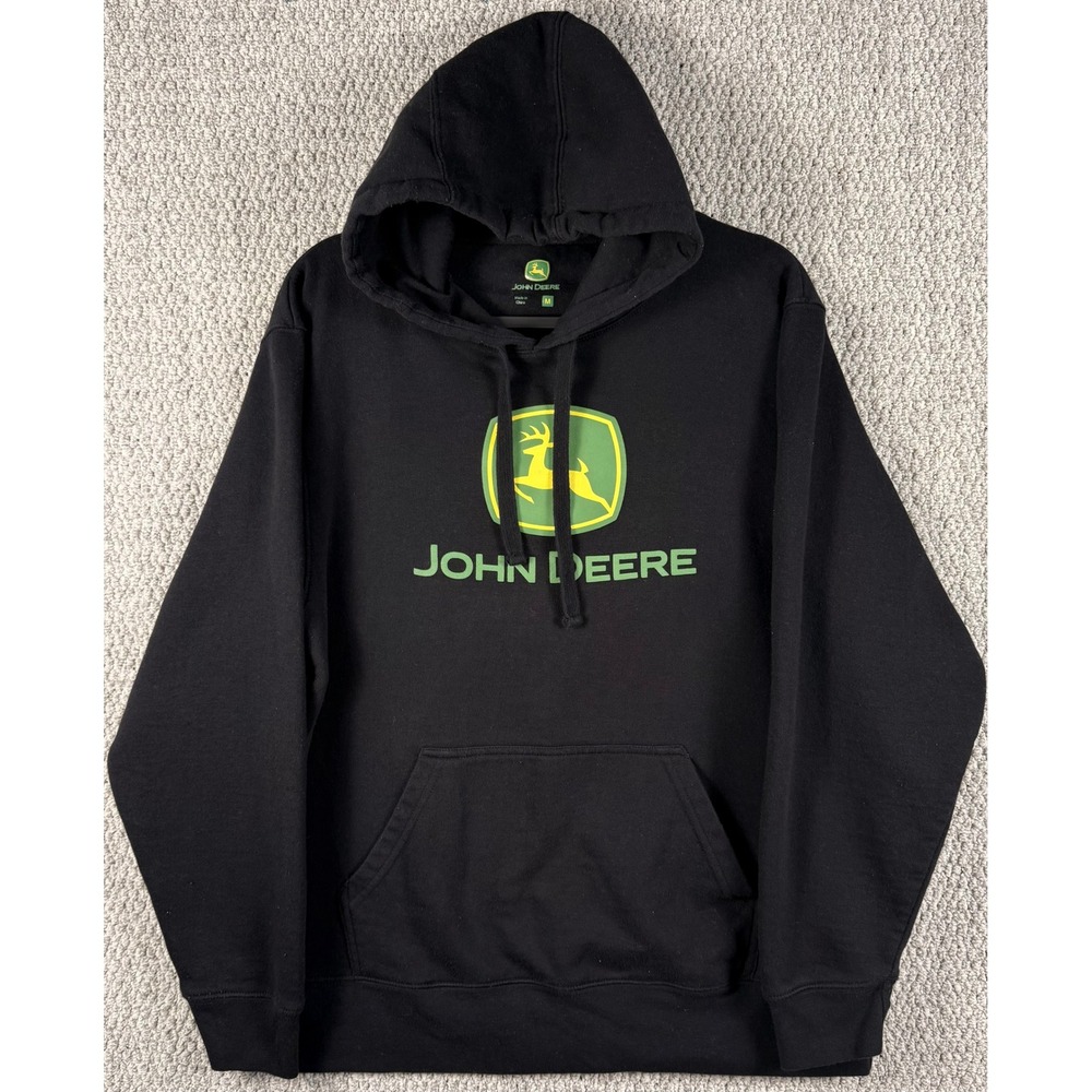 John Deere Logo Hoodie Sweatshirt Size M Black Fleece Pullover Tractor Farm Work